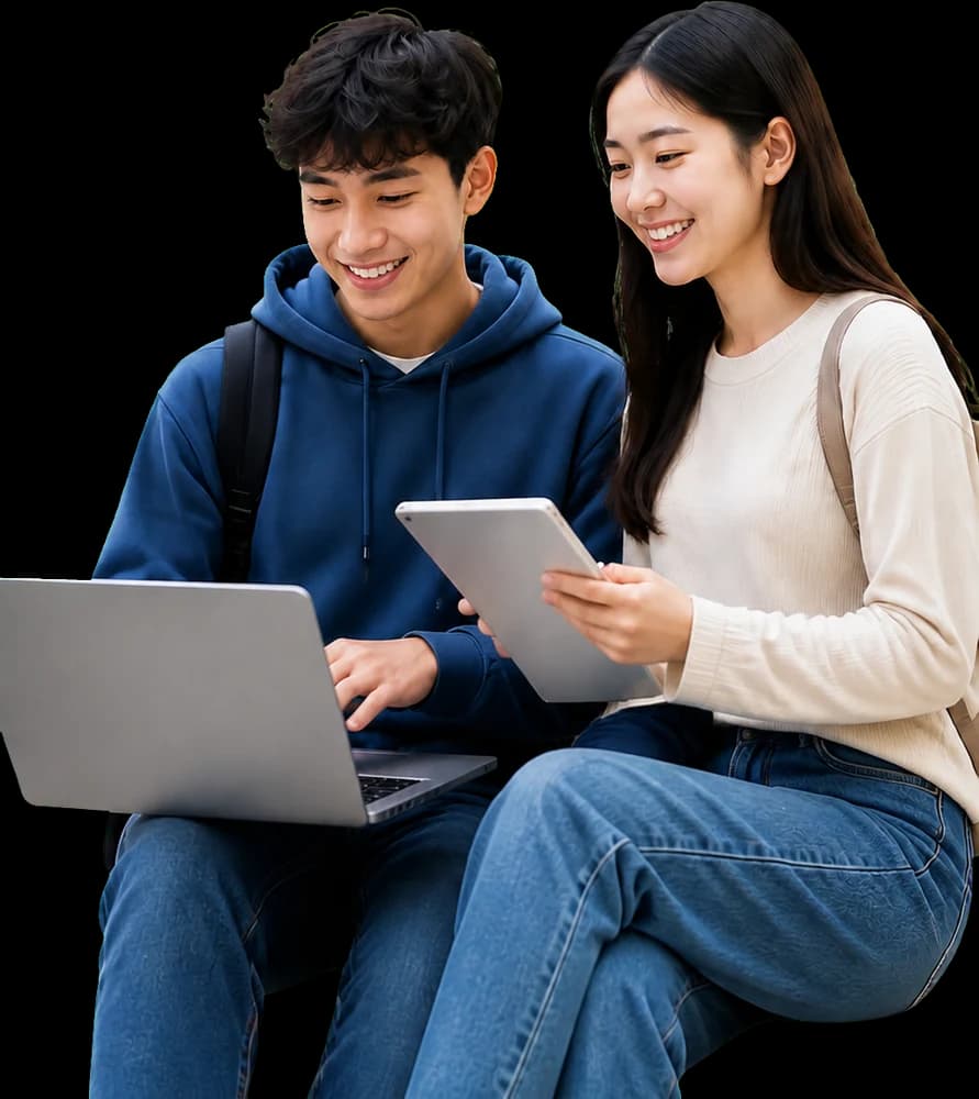 Hai sinh viên cùng tìm hiểu cơ hội học bổng trên máy tính và máy tính bảng